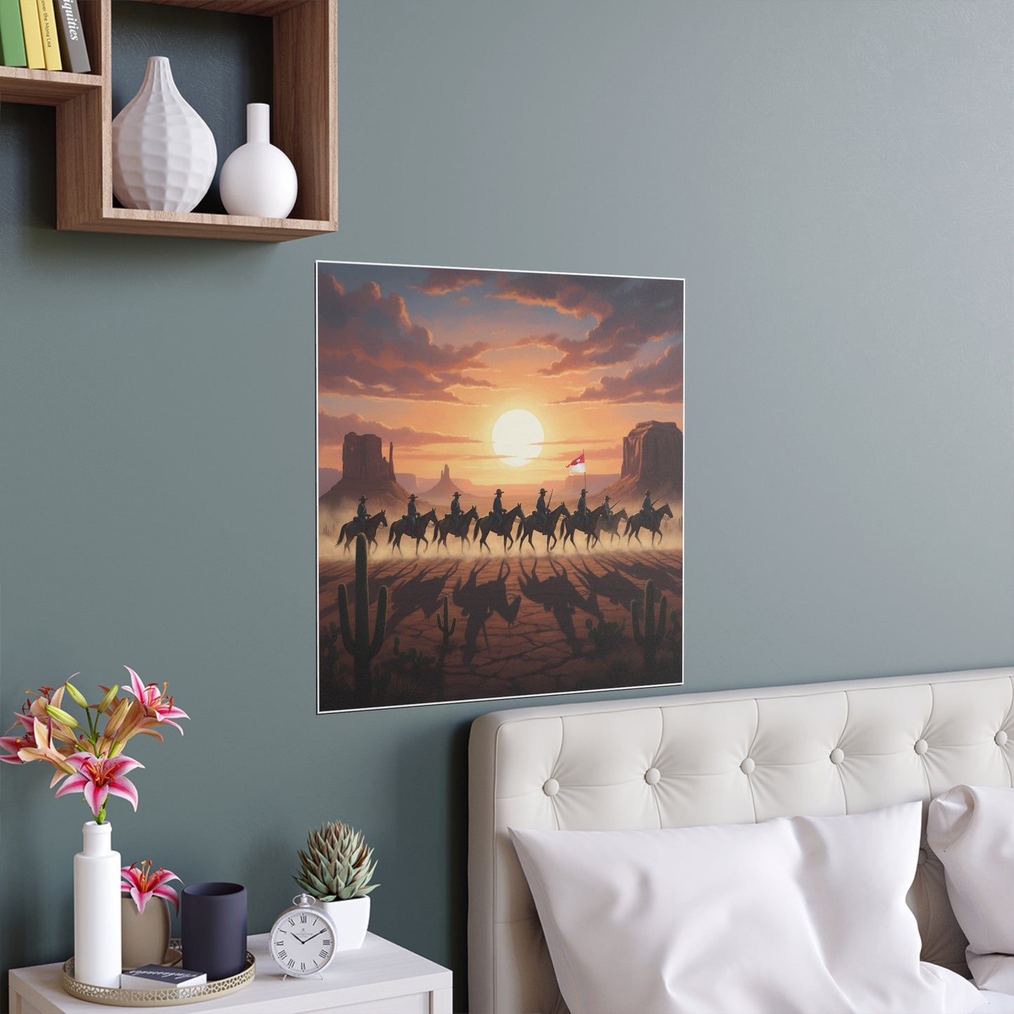 Indoor and Outdoor Silk Posters - 10th Cavalry on Patrol in the sunset w 10th Cav Guidon