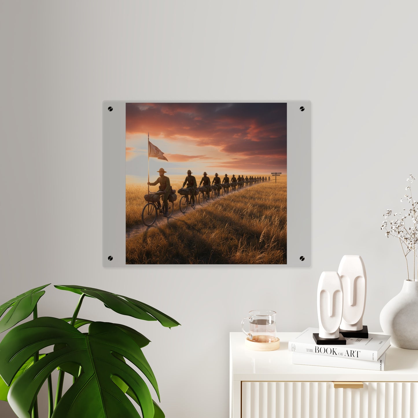 Acrylic Wall Art Panel - E Company 25th Infantry Buffalo Soldiers Bicycle Corps with Guidon on the Prairie at Sunset