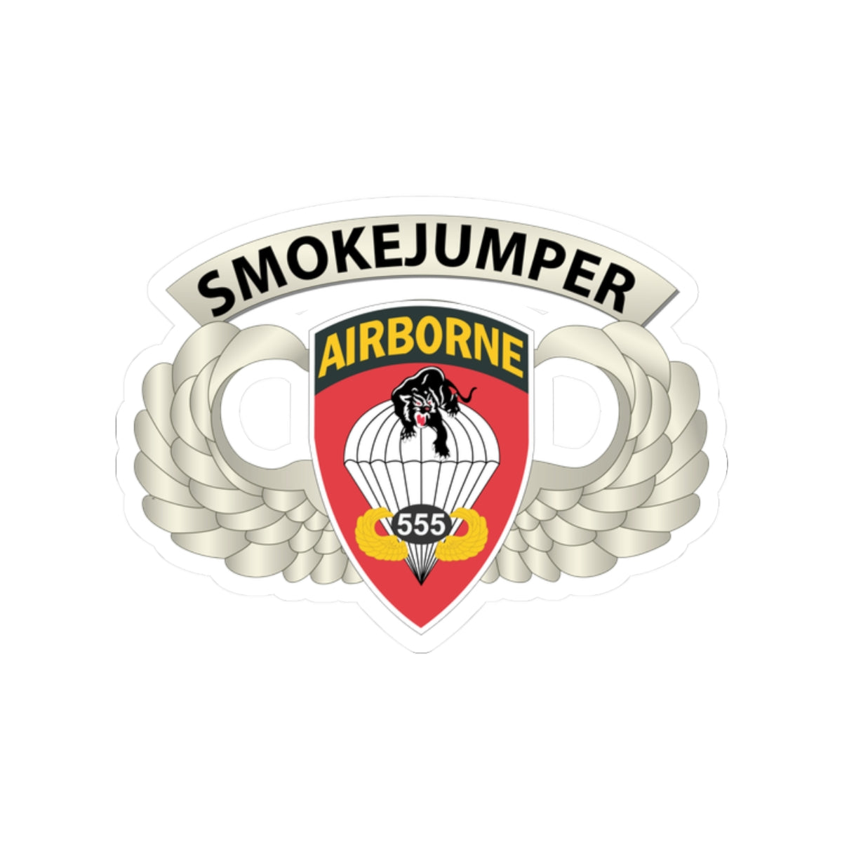 Kiss-Cut Stickers - Army - Airborne Badge - 555th Parachute Infantry Bn - SSI w SmokeJumper Tab