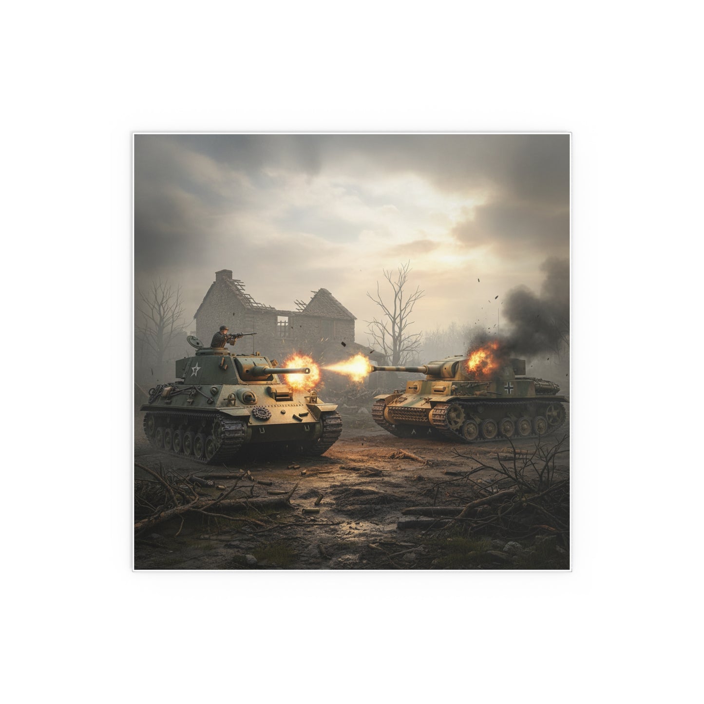 Indoor and Outdoor Silk Posters - M10 Wolverine battles German Panzer Tank WWII