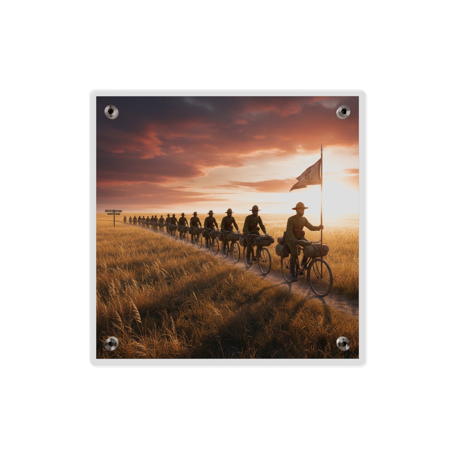 Acrylic Wall Art Panel - E Company 25th Infantry Buffalo Soldiers Bicycle Corps with Guidon on the Prairie at Sunset
