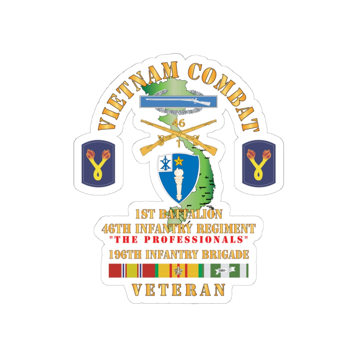 Kiss-Cut Stickers - Army - Vietnam Combat Veteran w 1st Bn 46th Inf Regt -The Professionals w DUI - CIB - 196th Inf Bde X 300