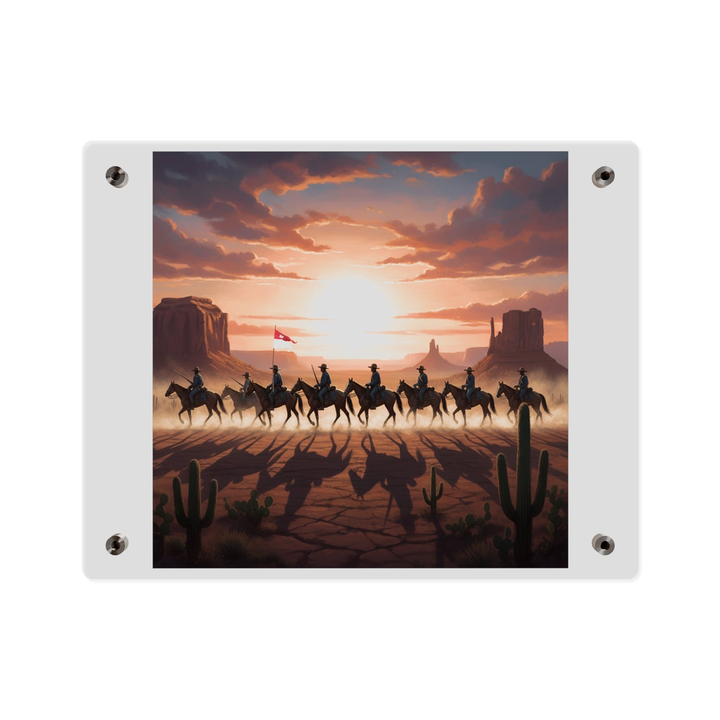 Acrylic Wall Art Panel - 10th Cavalry on Patrol in the sunset w 10th Cav Guidon