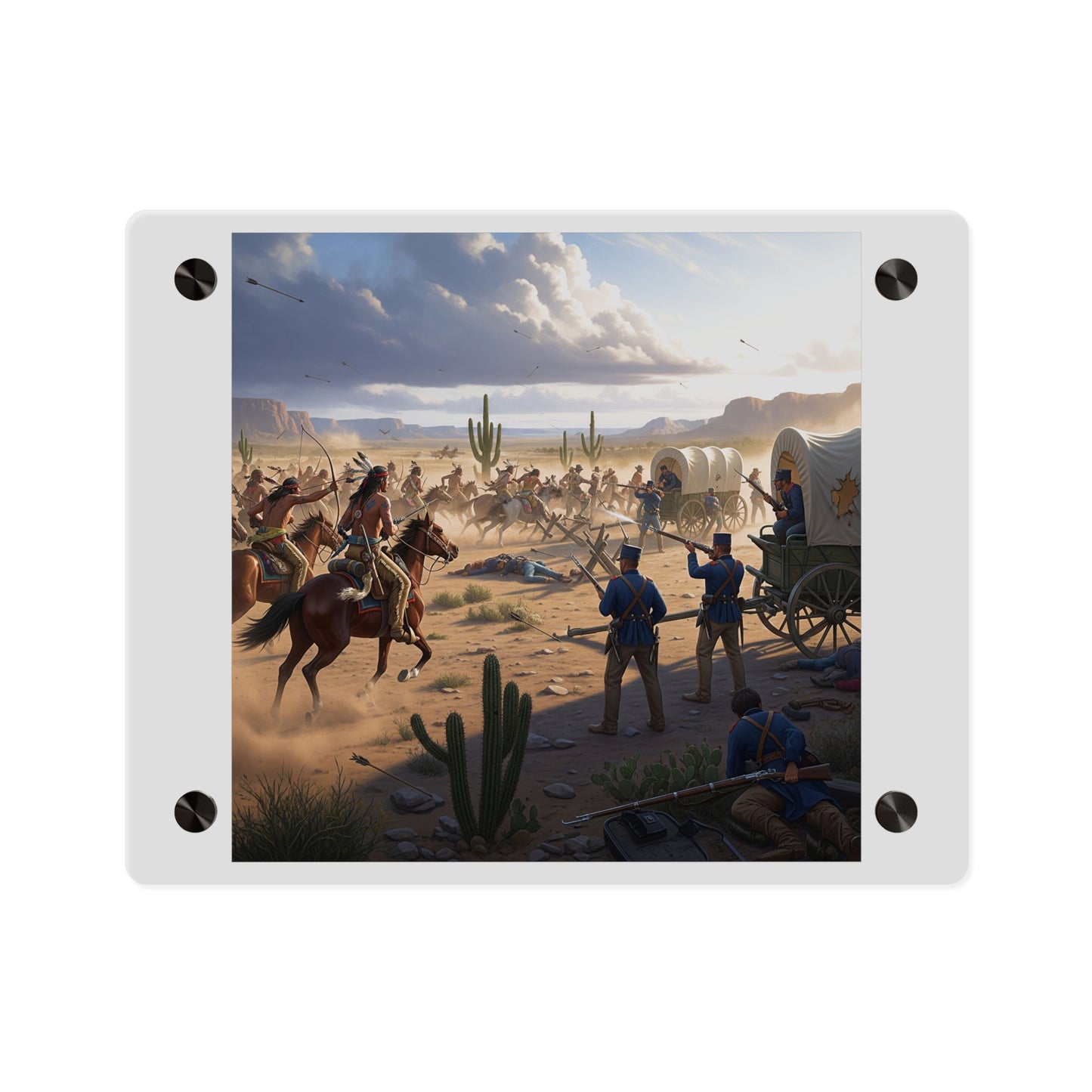 Acrylic Wall Art Panel - Apache Indians attacking a US Army defending a wagon train