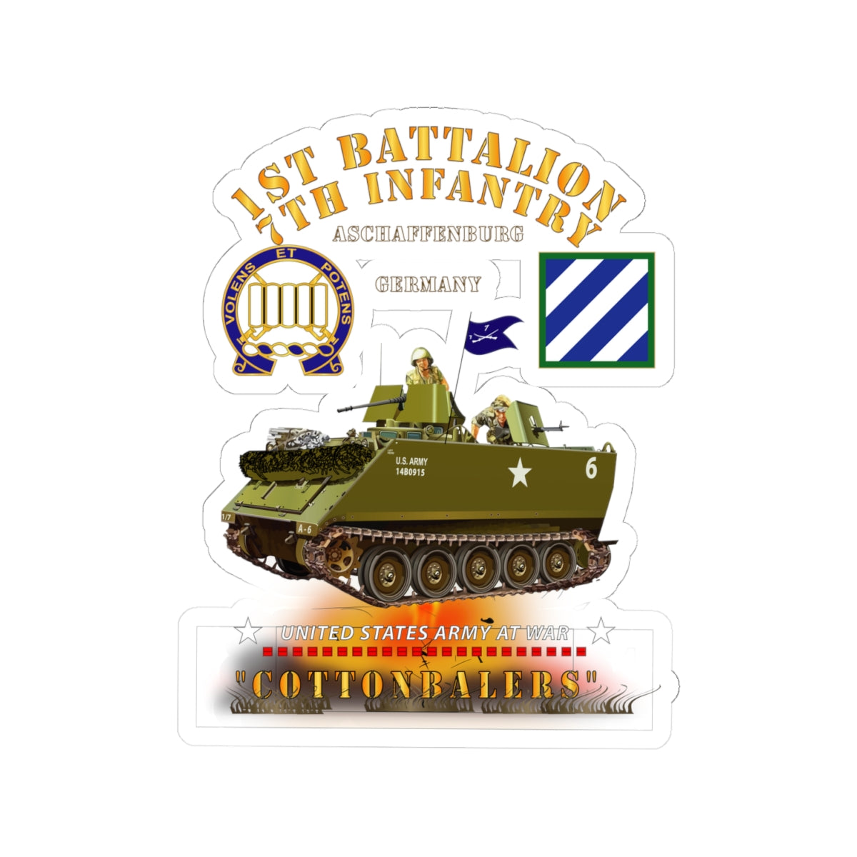 Kiss-Cut Stickers - Army - 1st Bn 7th Infantry - Aschaffenburg FRG - M113 APC  - CottonBalers X 300