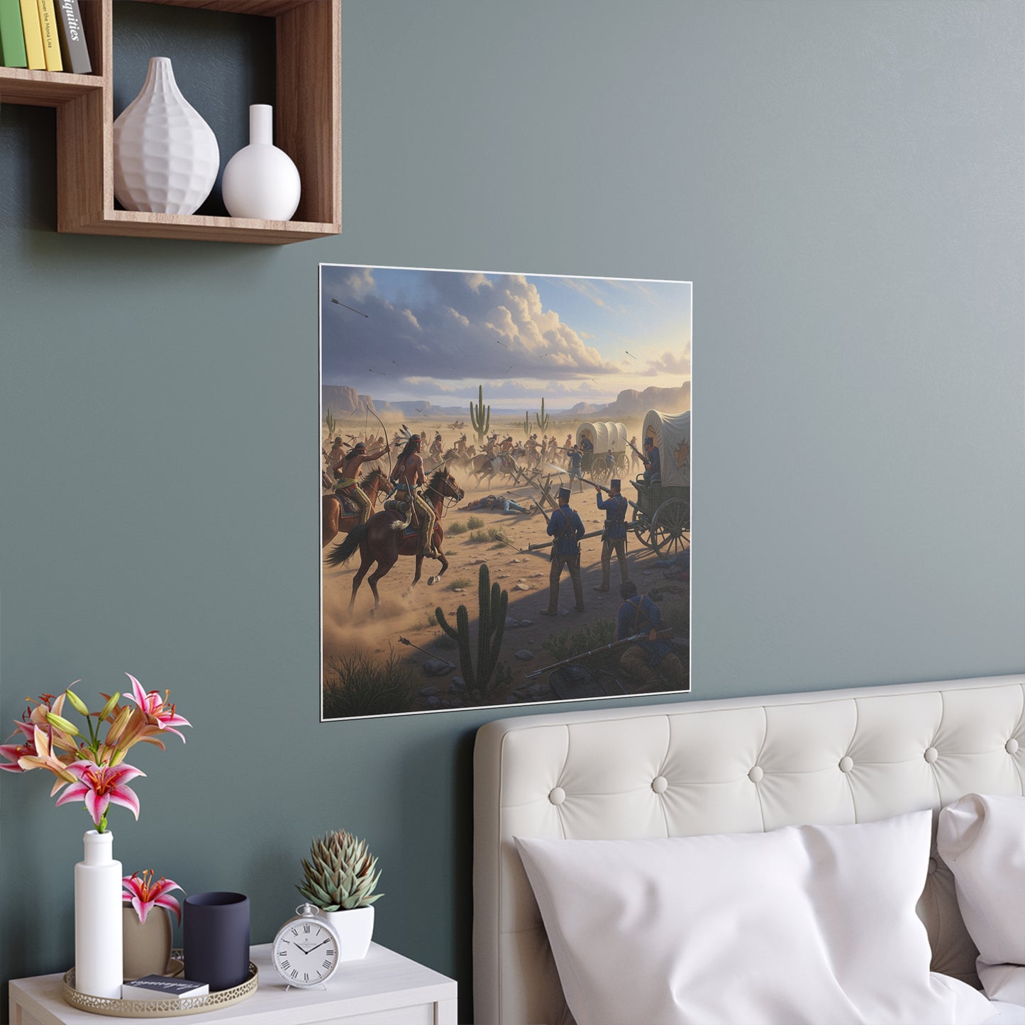 Indoor and Outdoor Silk Posters - Apache Indians attacking a US Army defending a wagon train