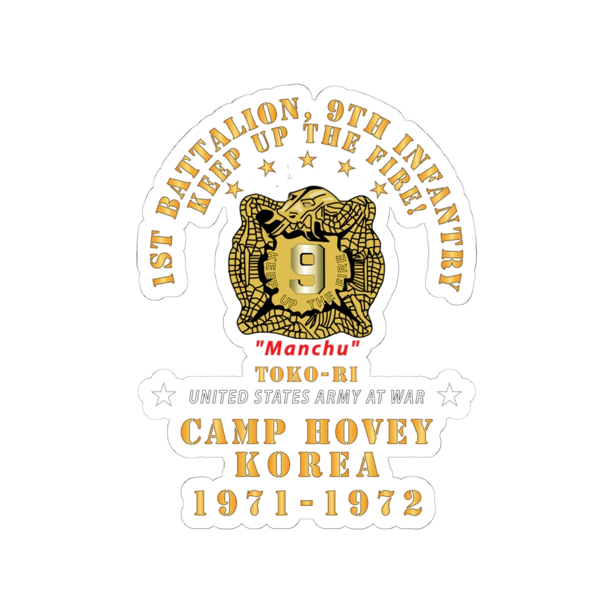 Kiss-Cut Stickers - Army - 1st Battalion, 9th Infantry - Manchus - Keep Up the Fire - Camp Hovey Korea - Toko-ri X 300