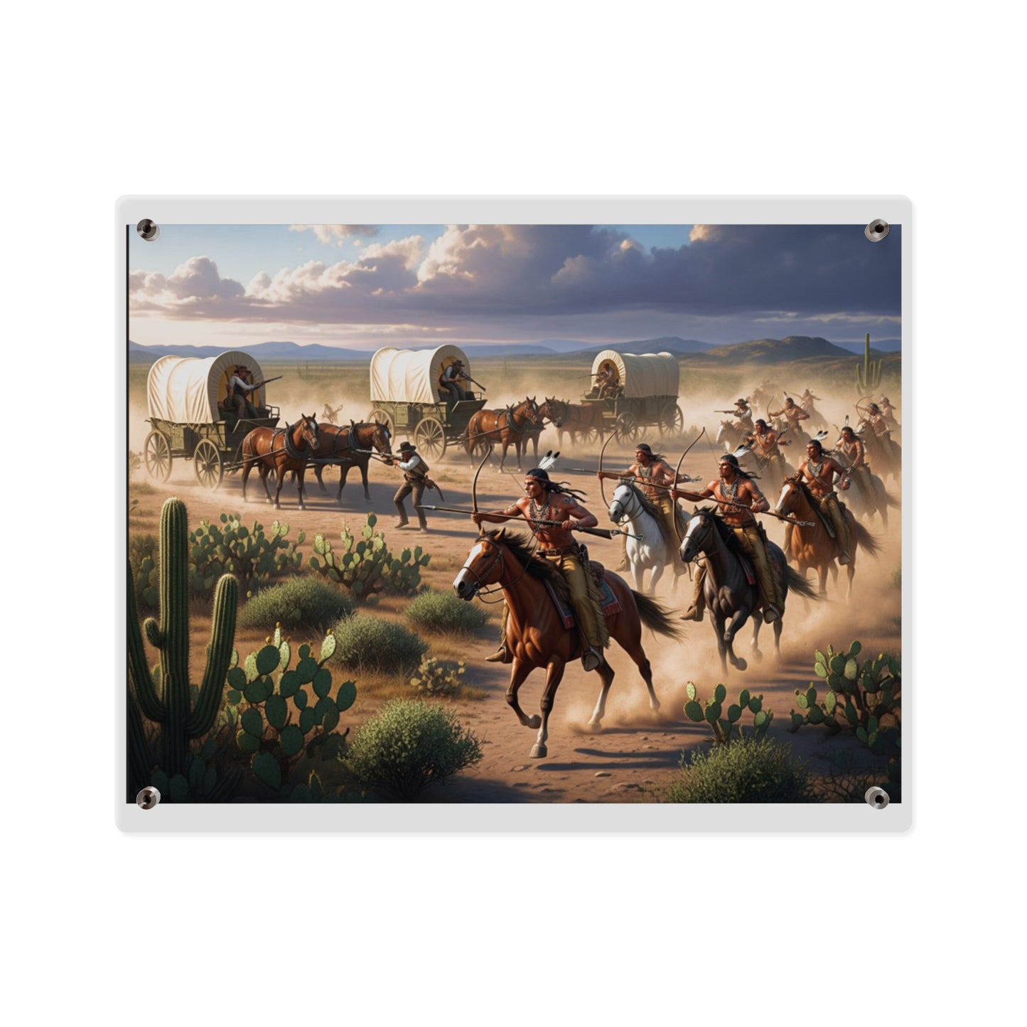 Acrylic Wall Art Panel - Apache Indians attacking a wagon train