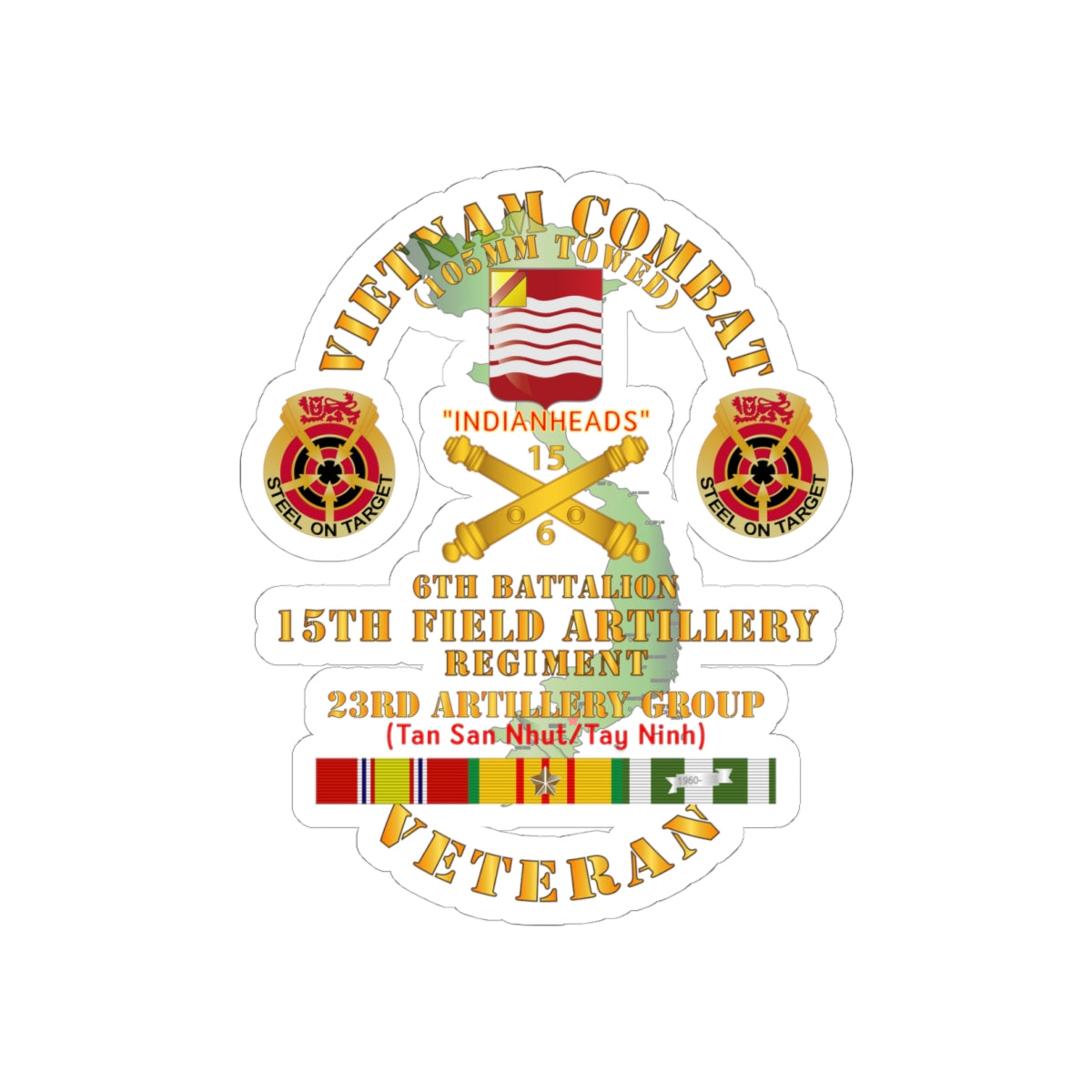 Kiss-Cut Stickers - Army - Vietnam Combat Vet - 6th Bn 15th Artillery - 23rd Artillery Group w105mm