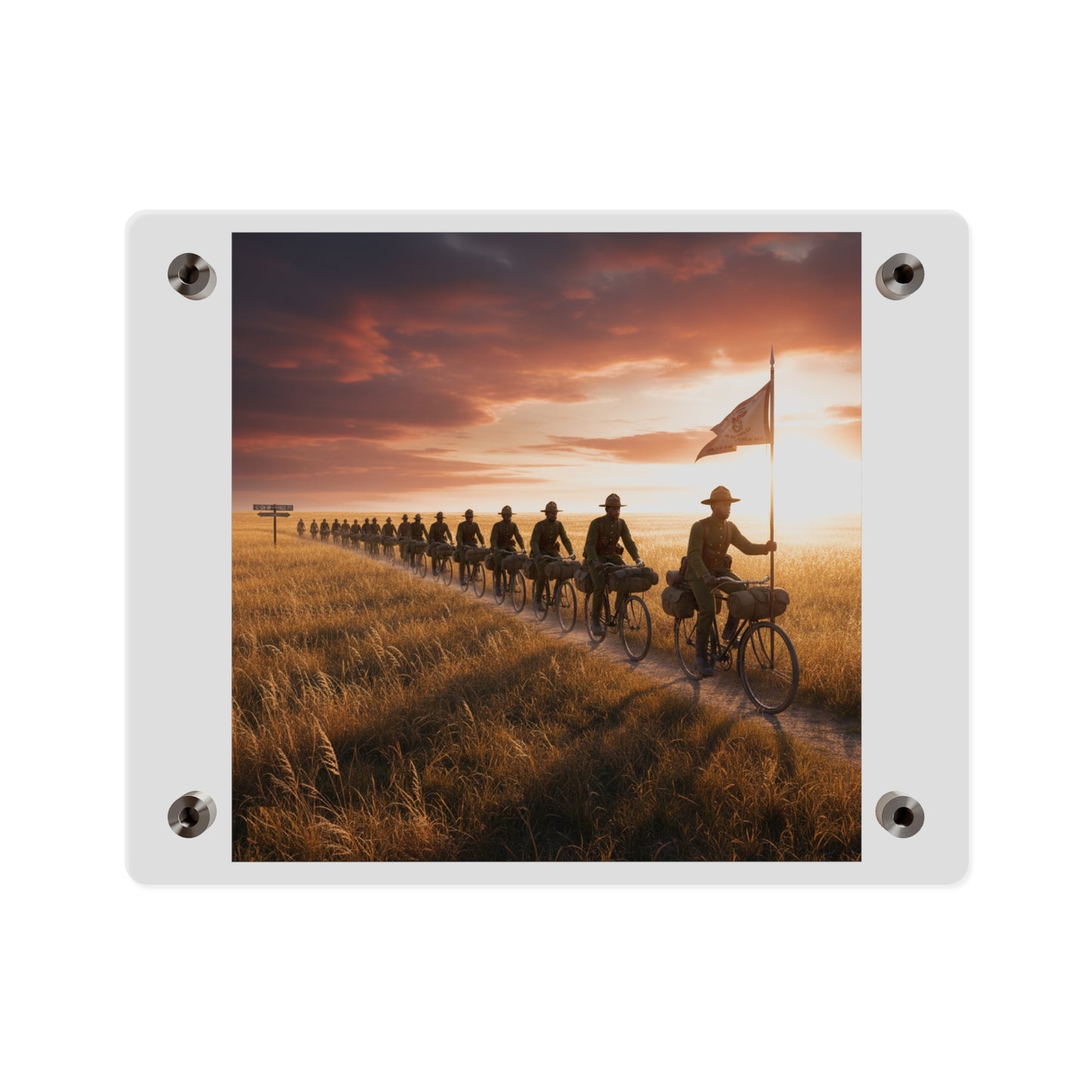 Acrylic Wall Art Panel - E Company 25th Infantry Buffalo Soldiers Bicycle Corps with Guidon on the Prairie at Sunset