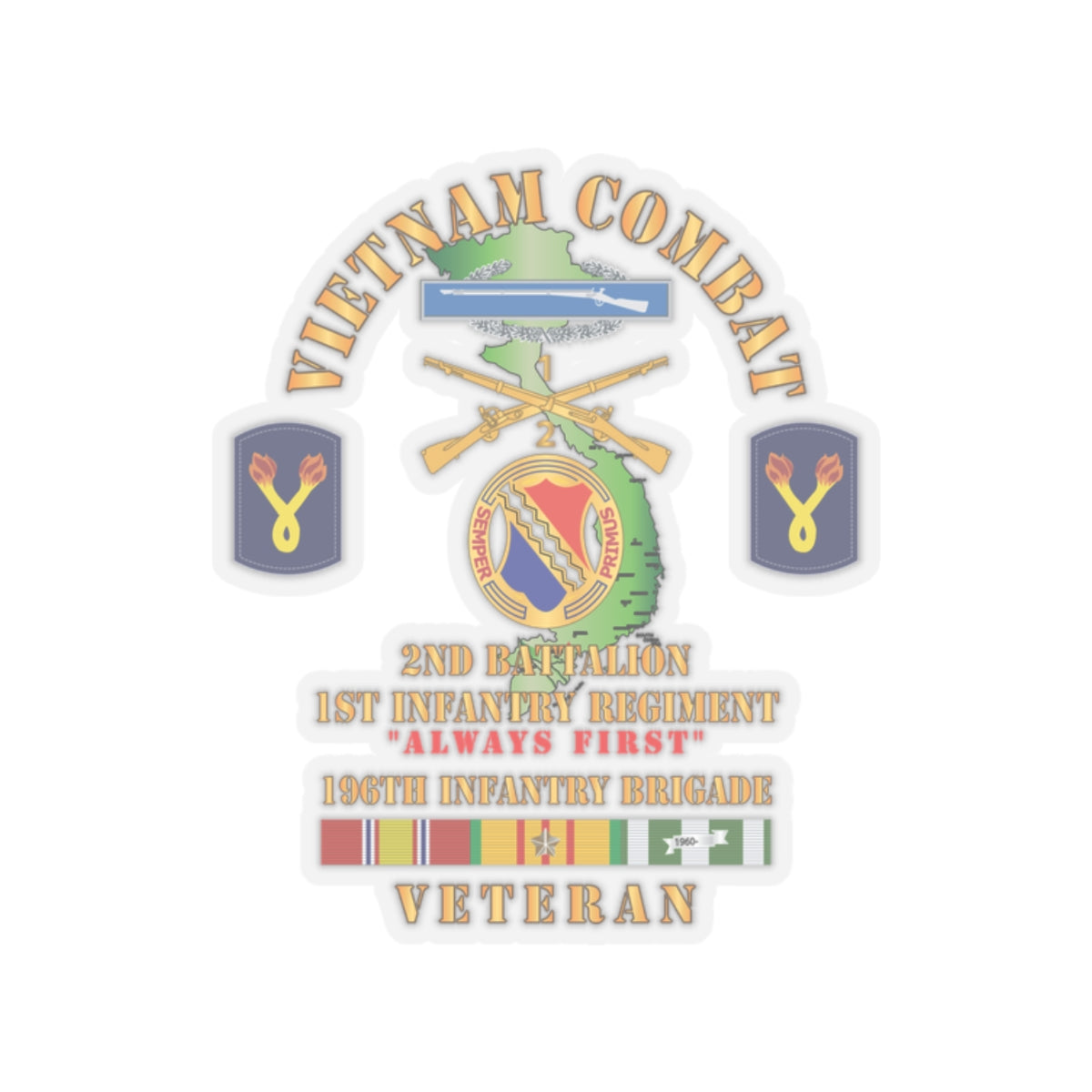 Kiss-Cut Stickers - Army - Vietnam Combat Veteran w 2nd Bn 1st Inf Regt - Always First w DUI - CIB - 196th Inf Bde X 300