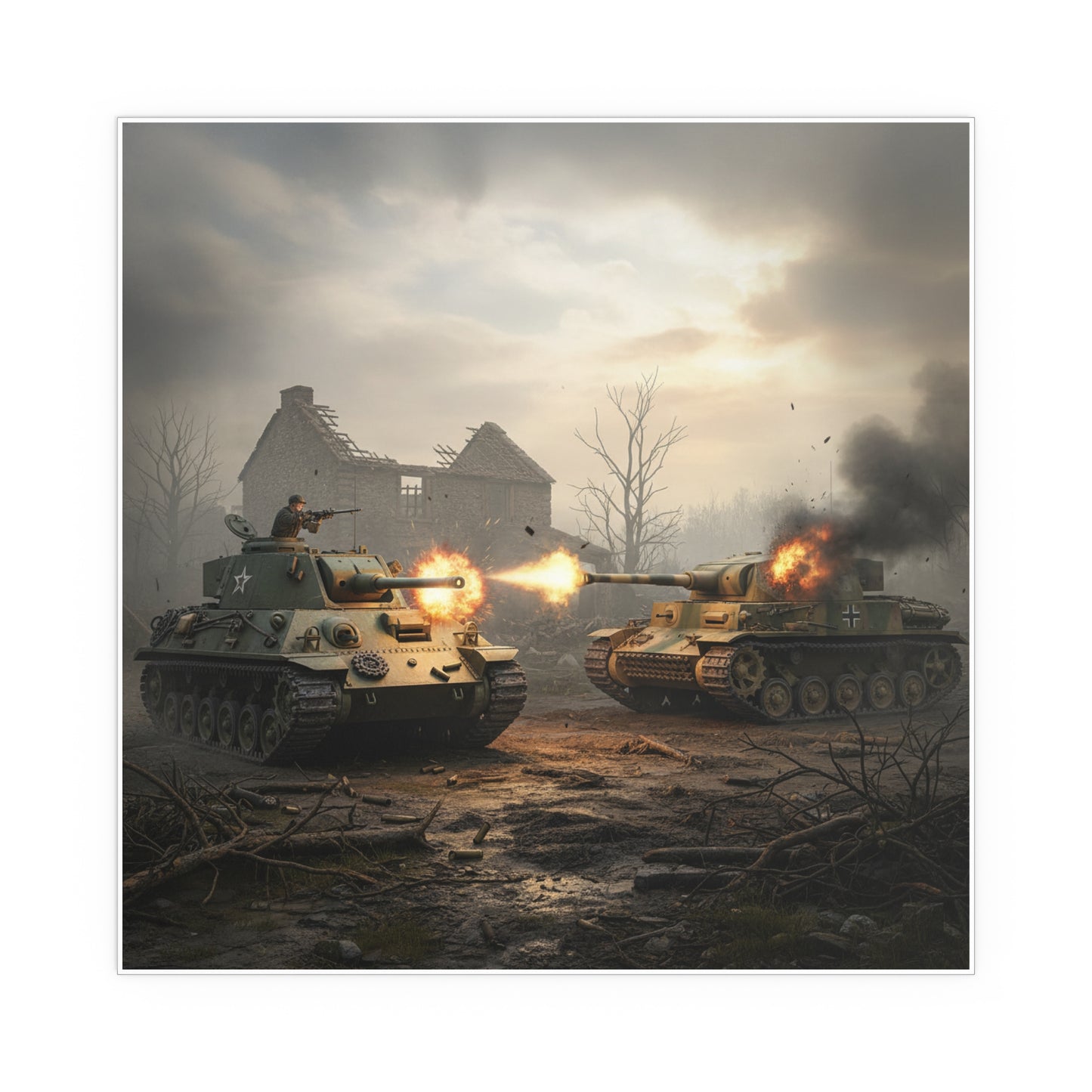 Indoor and Outdoor Silk Posters - M10 Wolverine battles German Panzer Tank WWII