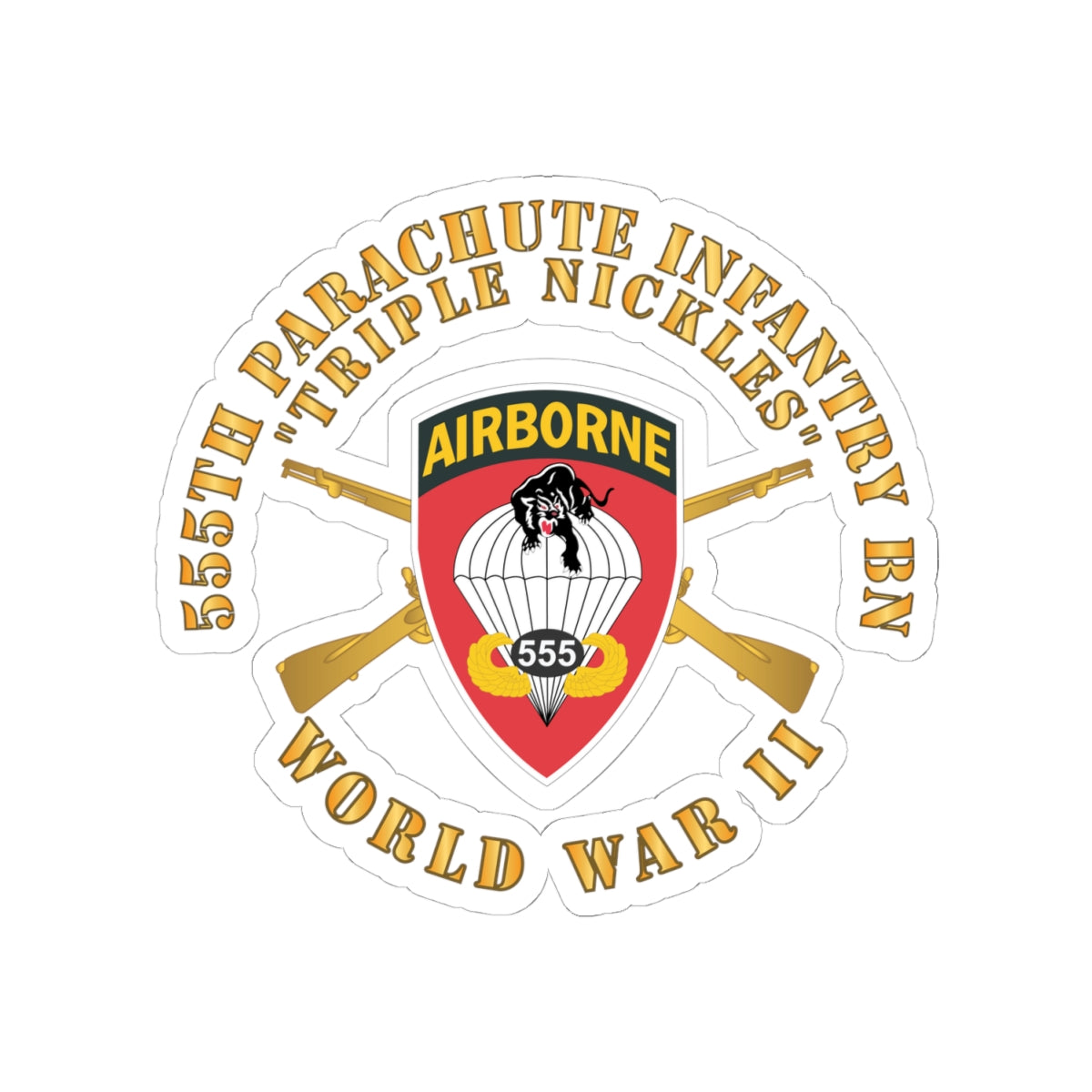 Kiss-Cut Stickers - Army - 555th Infantry Parachute Bn SSI - Triple Nickles - WWII w Br