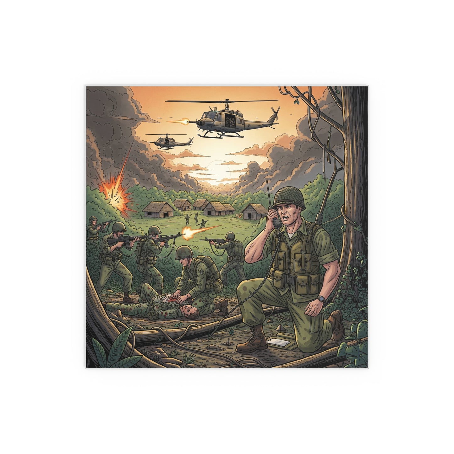 Indoor and Outdoor Silk Posters - Vietnam Patrol Fire Fight Requesting Medevac