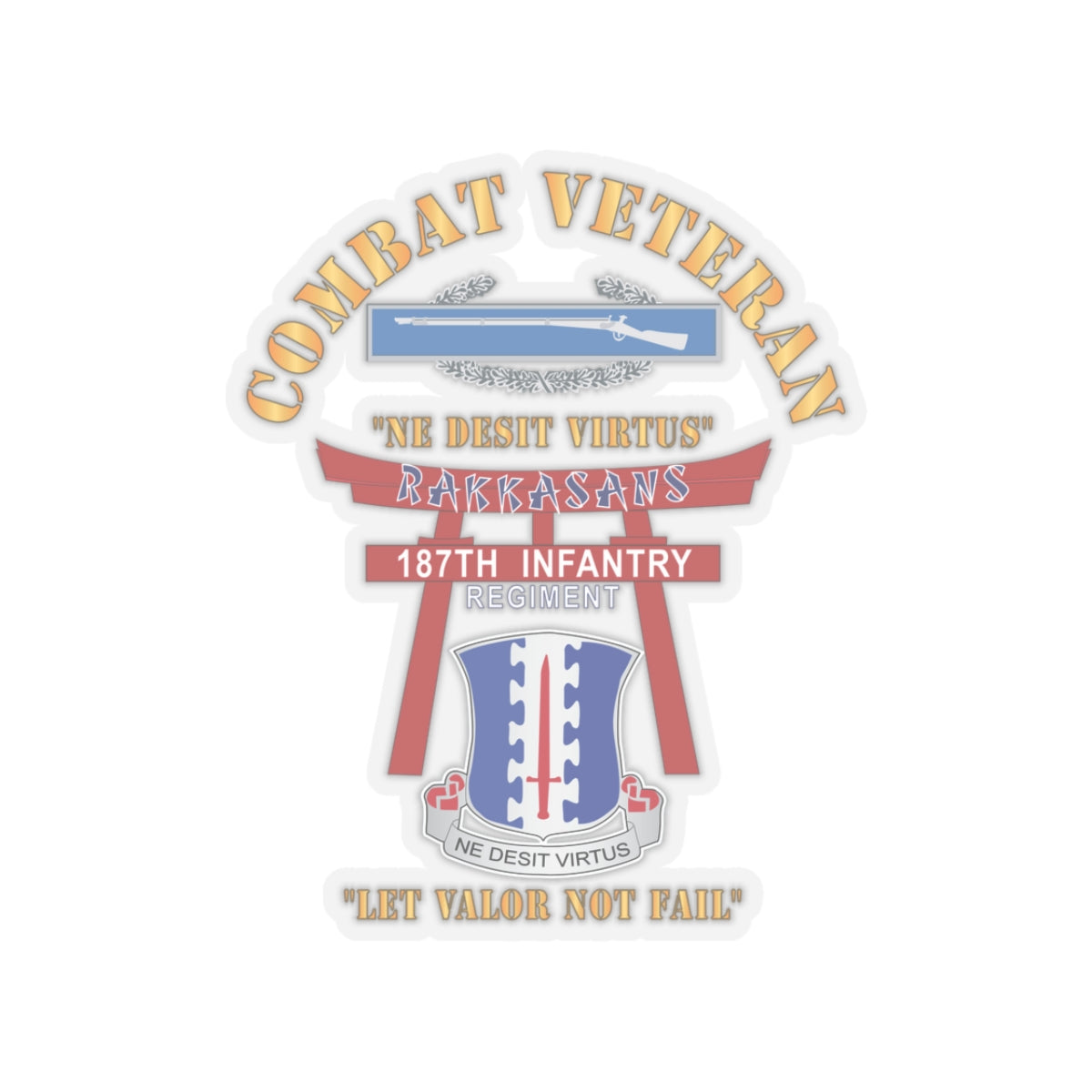 Kiss-Cut Stickers - Army - Combat Veteran - 187th Infantry Regiment - Torii, Rakkasans, Let Valor Not Fail, English, Latin w CIB X 300