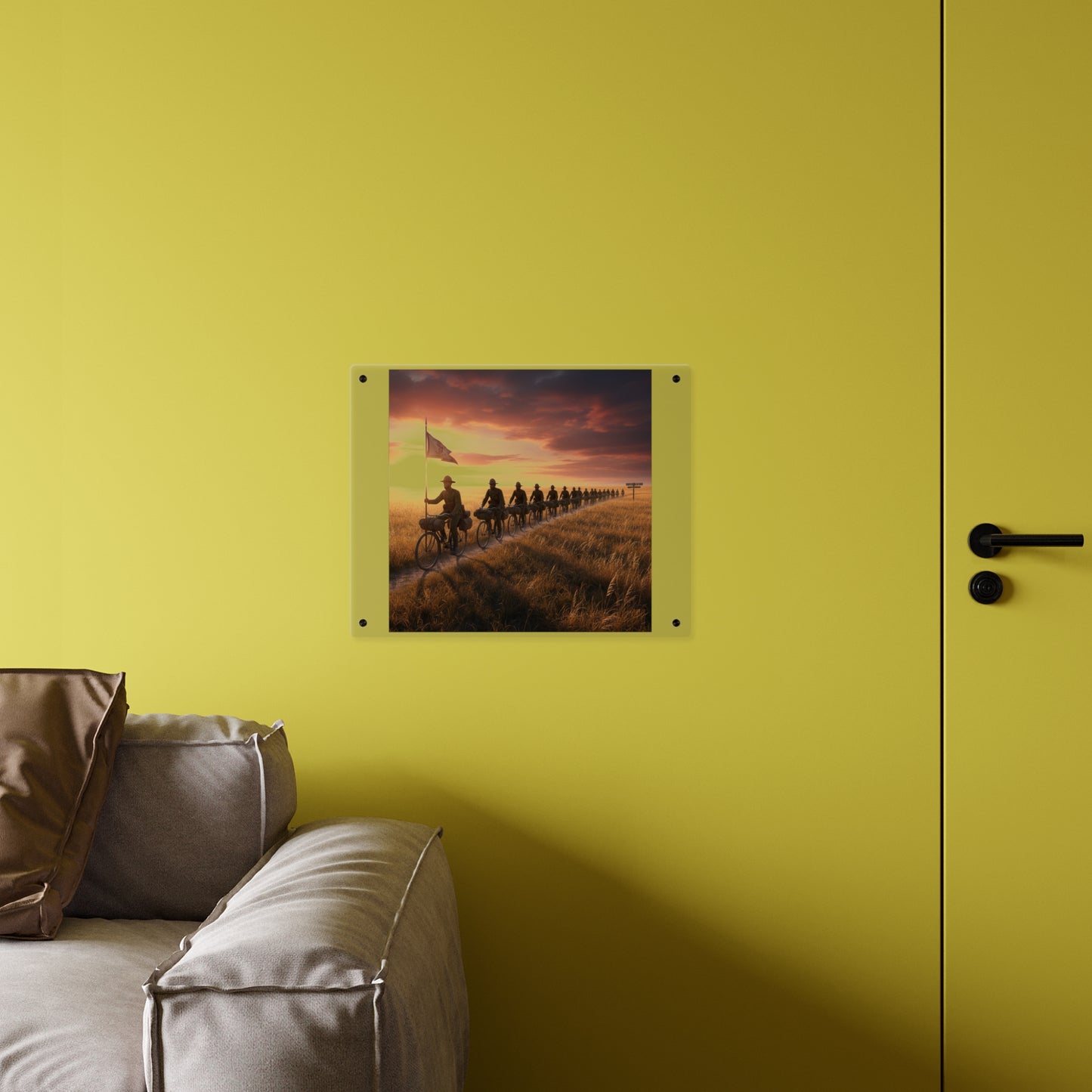 Acrylic Wall Art Panel - E Company 25th Infantry Buffalo Soldiers Bicycle Corps with Guidon on the Prairie at Sunset