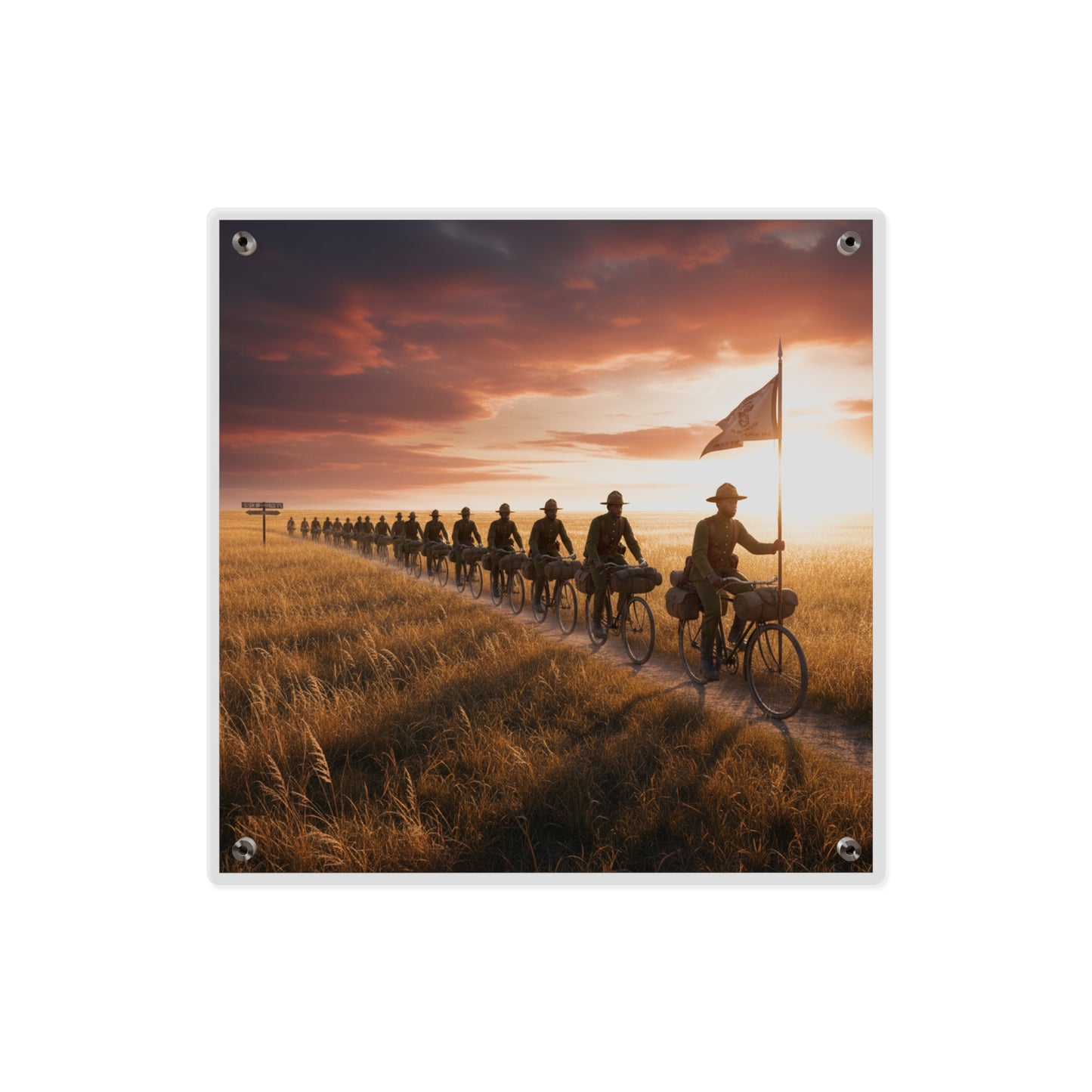 Acrylic Wall Art Panel - E Company 25th Infantry Buffalo Soldiers Bicycle Corps with Guidon on the Prairie at Sunset