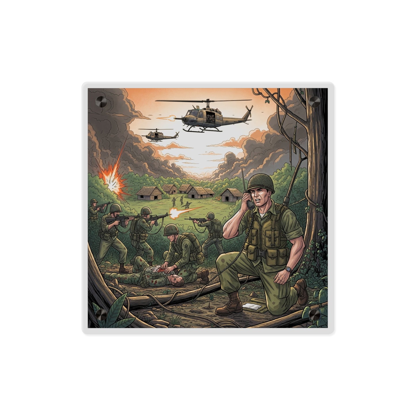 Acrylic Wall Art Panel - Vietnam Patrol Fire Fight Requesting Medevac