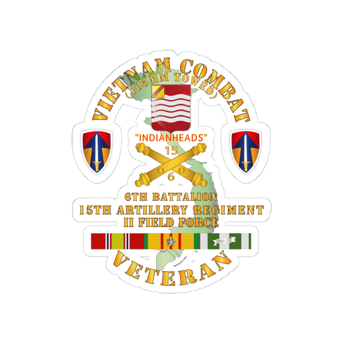 Kiss-Cut Stickers - Army - Vietnam Combat Vet - 6th Bn 15th Artillery - I I Field Force w105mm