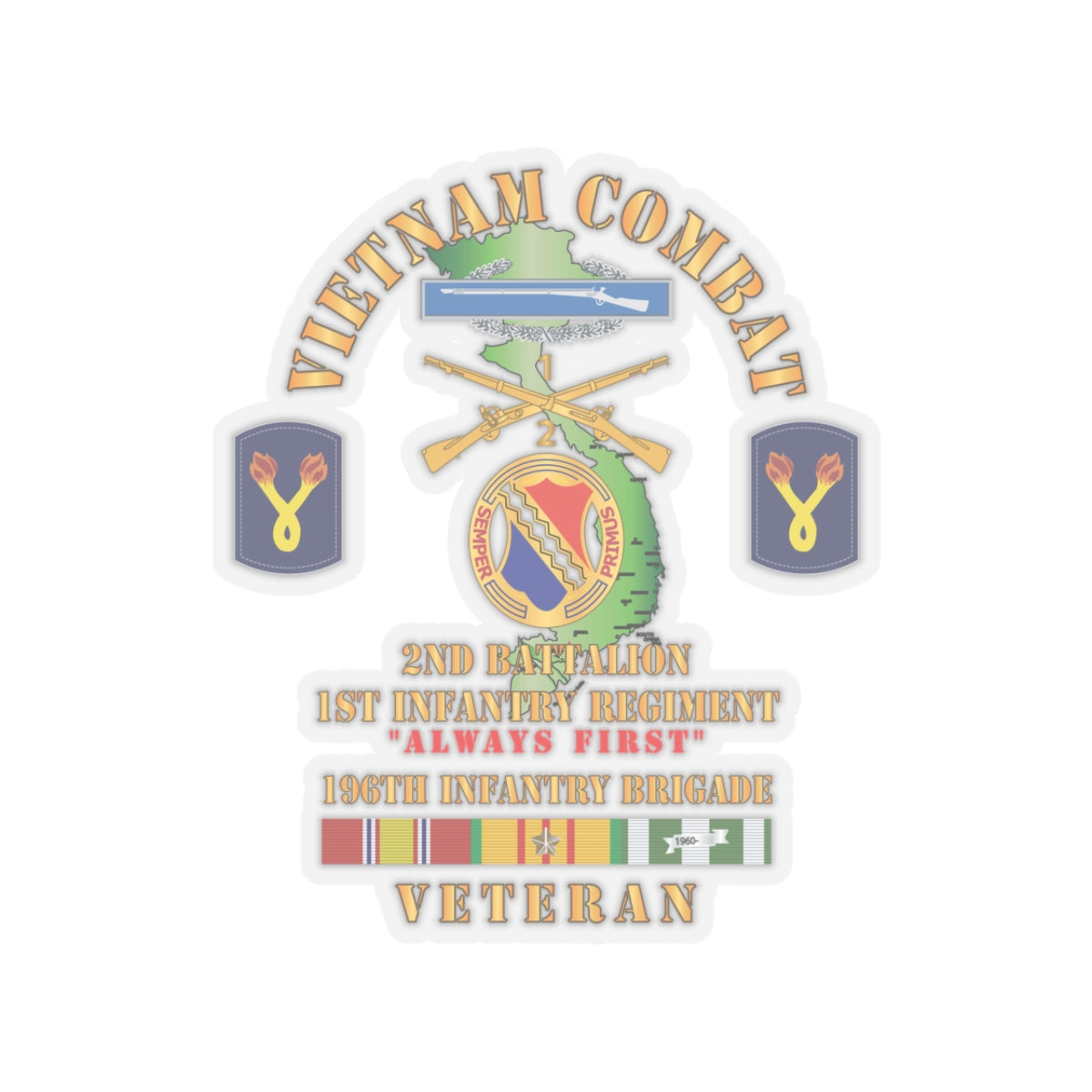 Kiss-Cut Stickers - Army - Vietnam Combat Veteran w 2nd Bn 1st Inf Regt - Always First w DUI - CIB - 196th Inf Bde X 300