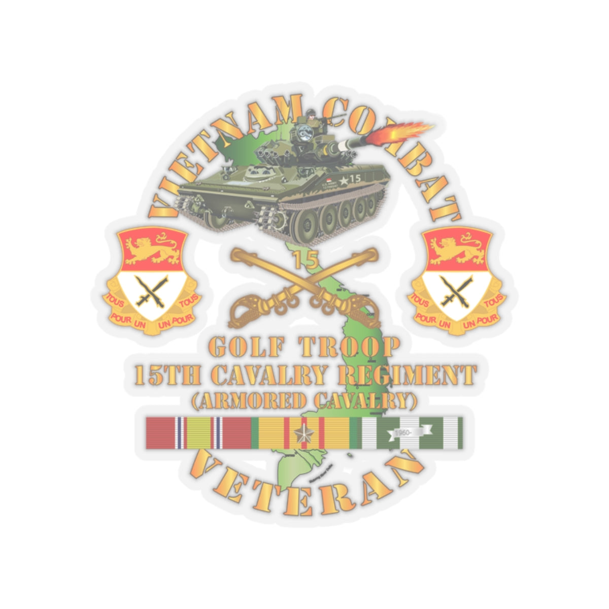 Kiss-Cut Stickers - Army - Vietnam Combat Veteran w  15th Cavalry Regiment - Armored Cav w VN SVC