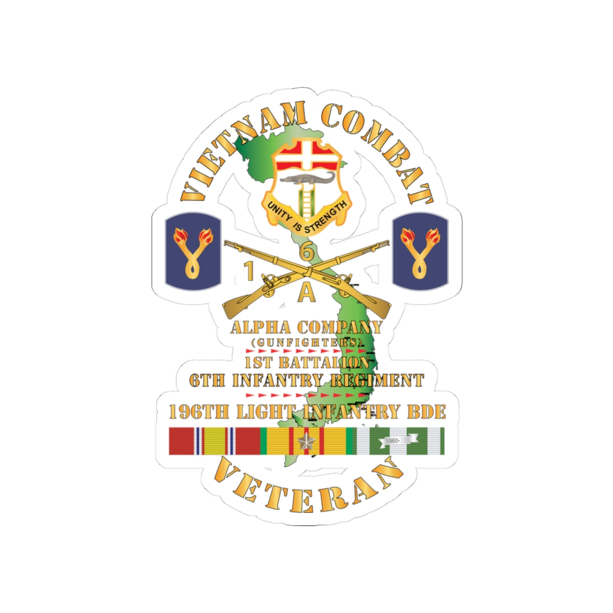 Kiss-Cut Stickers - Army - Vietnam Combat Vet w DUI - Br -  Alpha Co, 1st Bn, 6th Inf - LZ Center w 196th LIB w VN SVC X 300