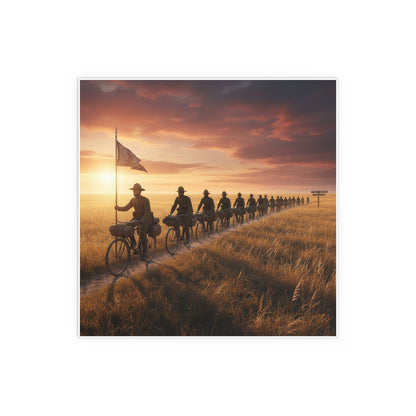 Indoor and Outdoor Silk Posters - E Company 25th Infantry Buffalo Soldiers Bicycle Corps with Guidon on the Prairie at Sunset