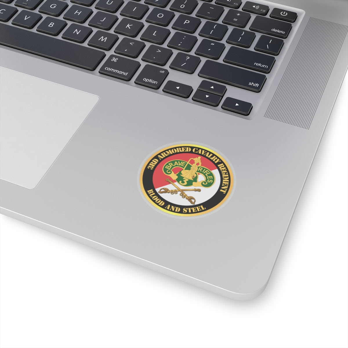  Blood and Steel 3rd Armored Cavalry Regiment commemorative sticker on the palm rest area featuring a military emblem
