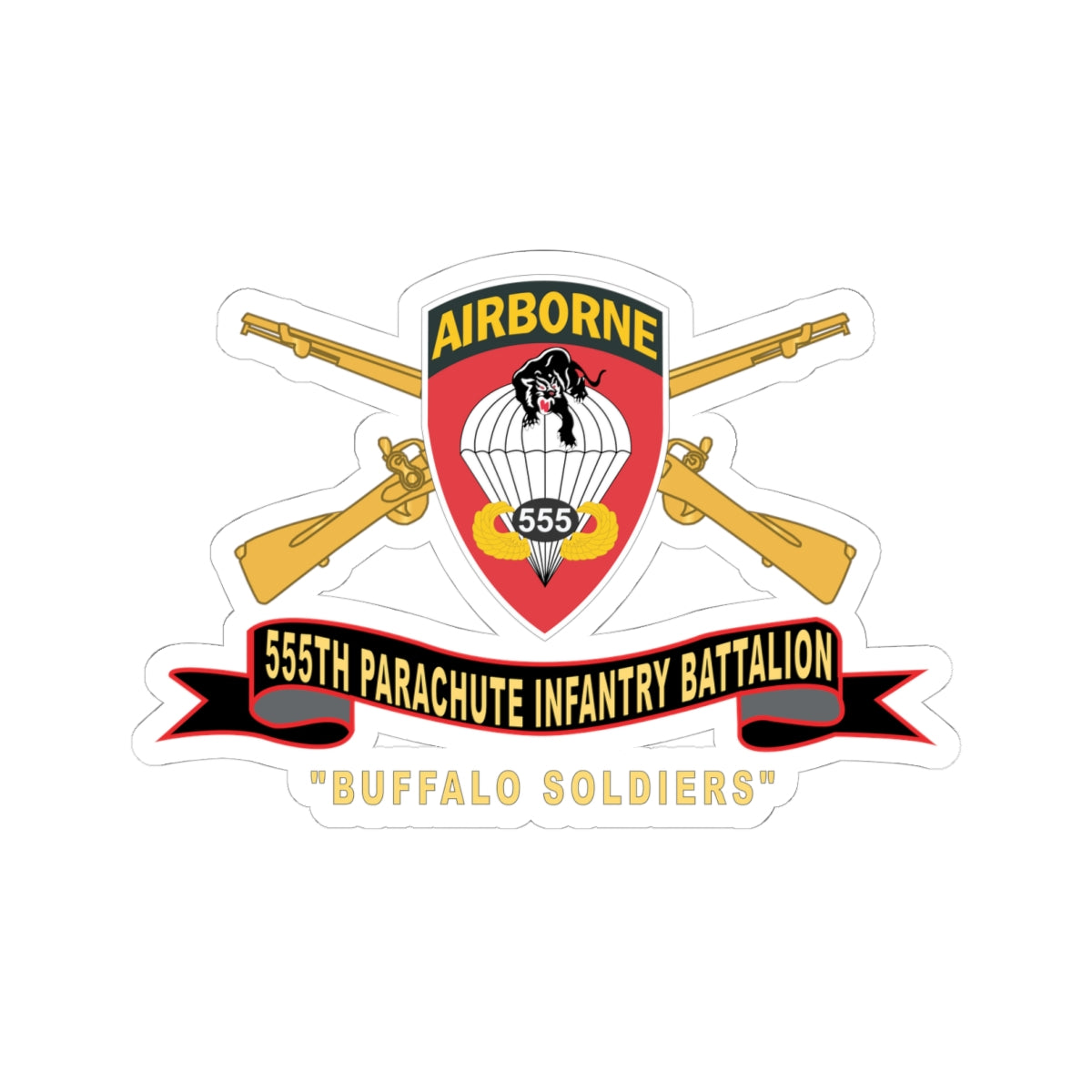 Kiss-Cut Stickers - Army - 555th Parachute Infantry Battalion - SSI - Black - Red Buffalo Soldiers w Br - Rib