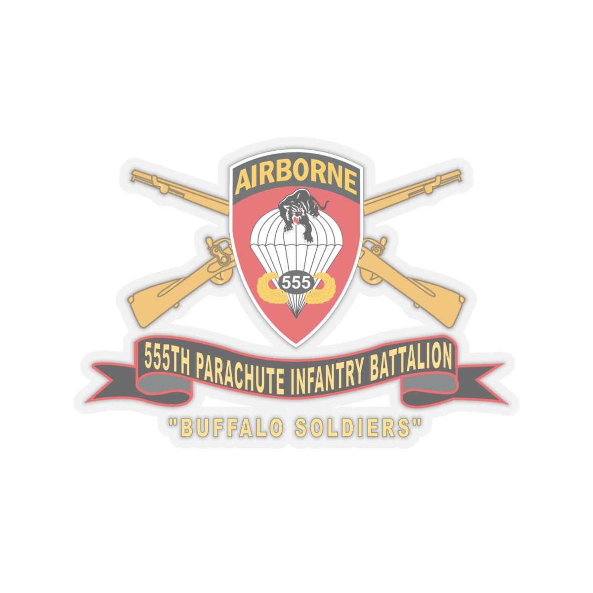 Kiss-Cut Stickers - Army - 555th Parachute Infantry Battalion - SSI - Black - Red Buffalo Soldiers w Br - Rib