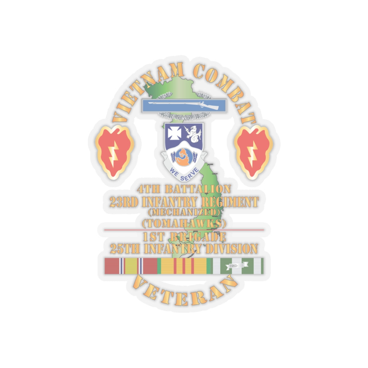 Kiss-Cut Stickers - Army - Vietnam Combat Infantry Veteran w 4th Bn 23rd Infantry (Mech) - Tomahawks) - 25th ID SSI X 300