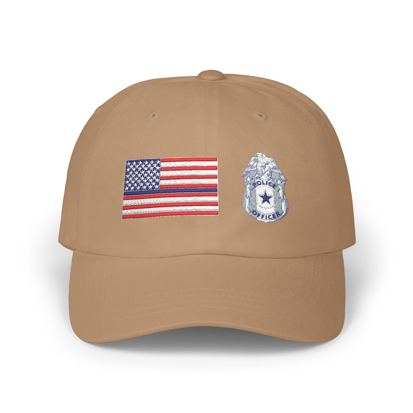 Hat - Classic Dad Cap American Flag with Police Blue Stripe and Badge