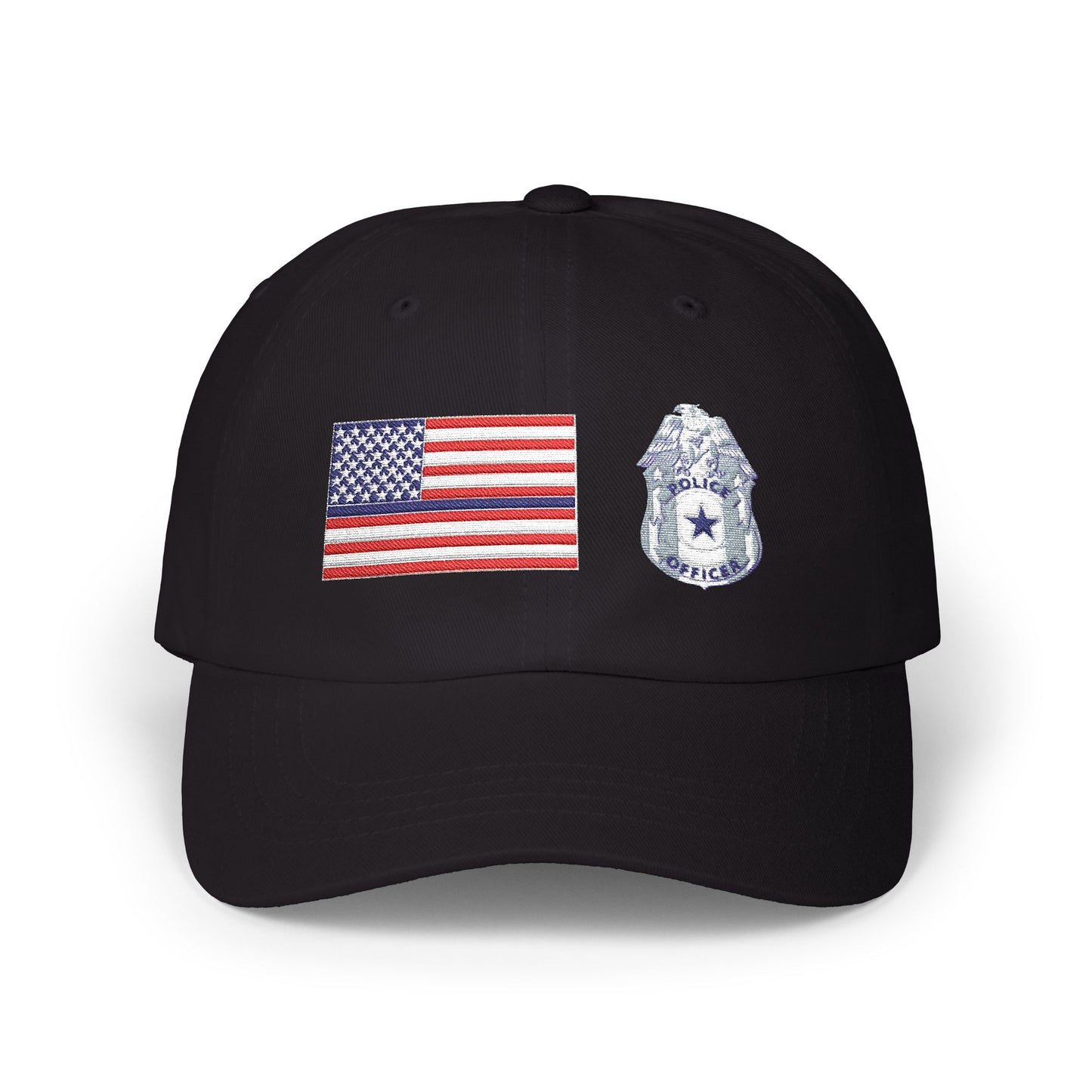 Hat - Classic Dad Cap American Flag with Police Blue Stripe and Badge