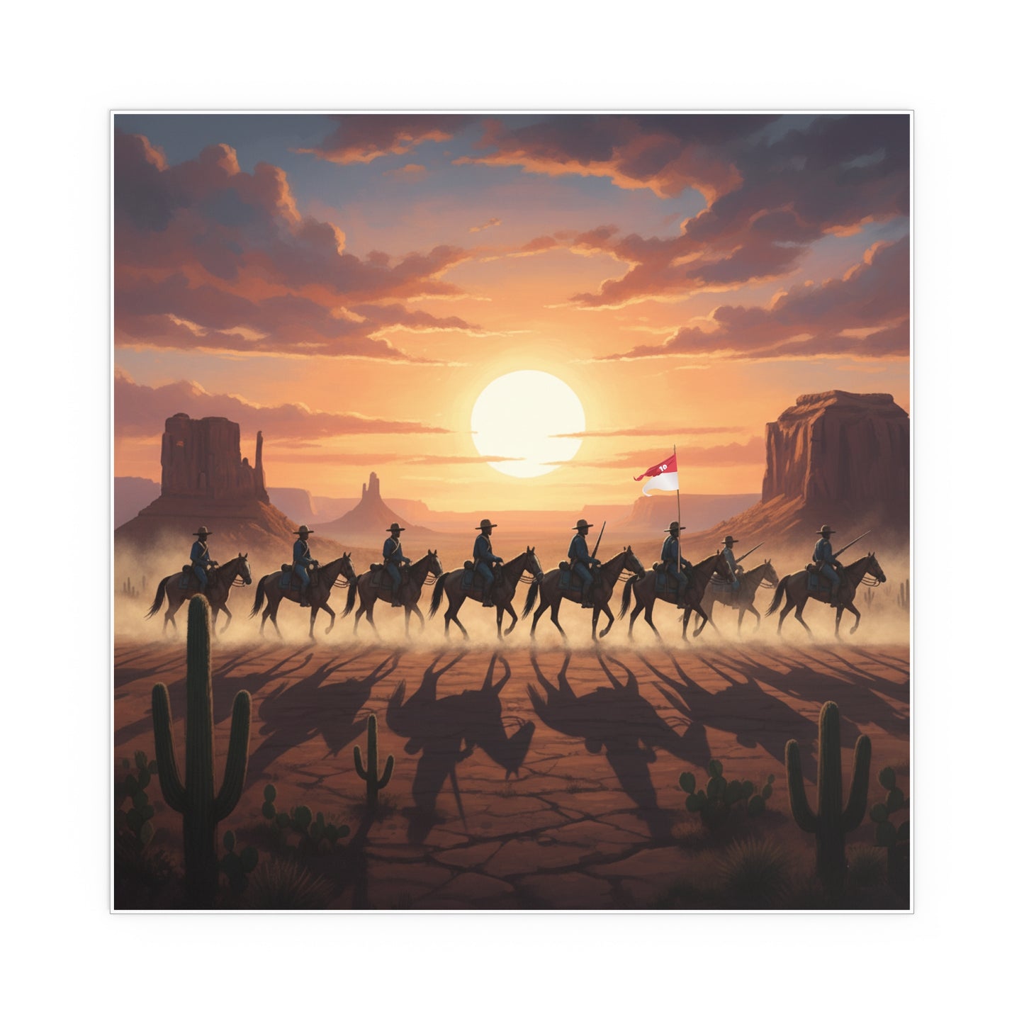 Indoor and Outdoor Silk Posters - 10th Cavalry on Patrol in the sunset w 10th Cav Guidon