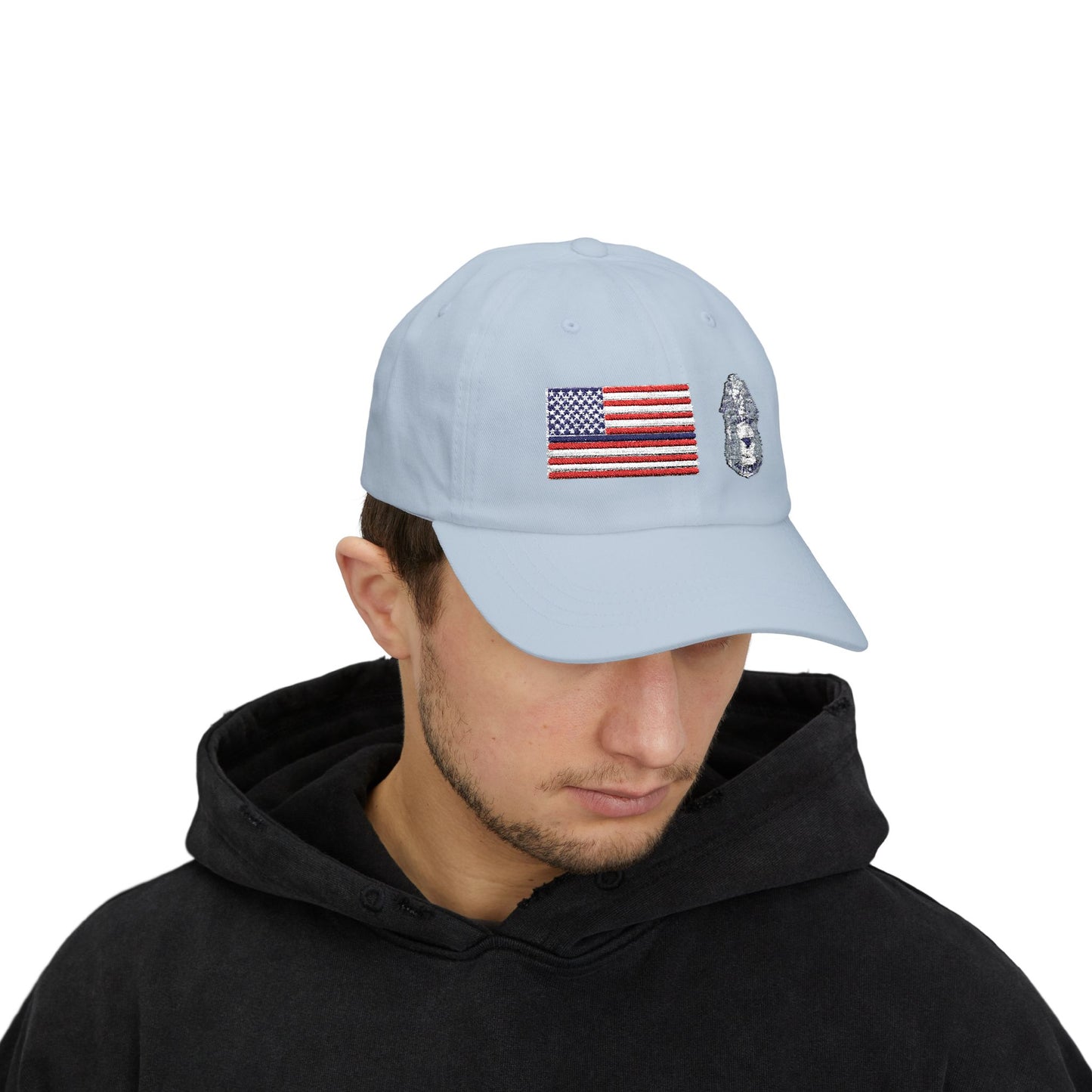 Hat - Classic Dad Cap American Flag with Police Blue Stripe and Badge