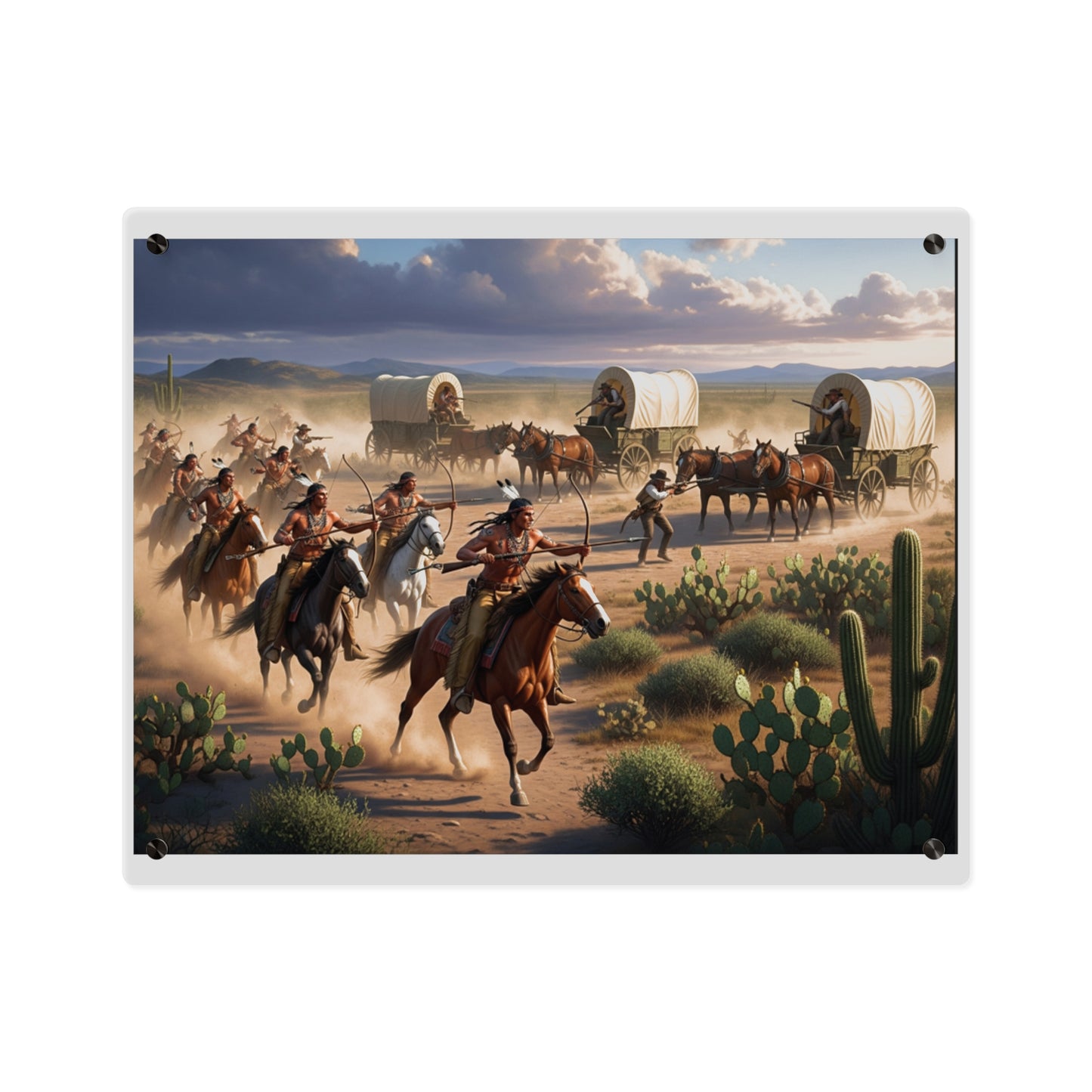 Acrylic Wall Art Panel - Apache Indians attacking a wagon train