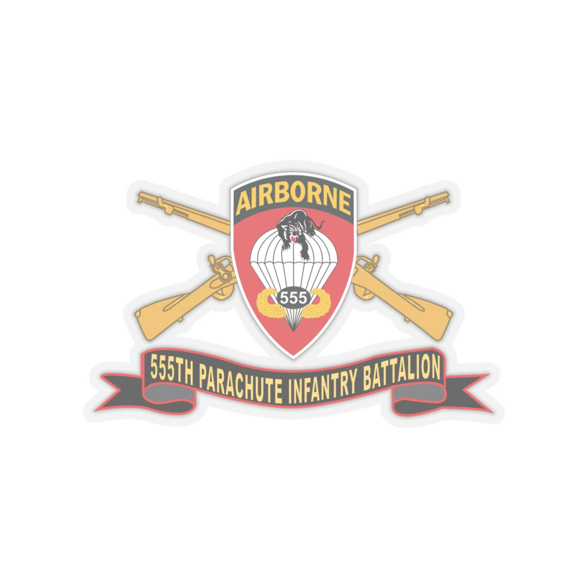 Kiss-Cut Stickers - Army - 555th Parachute Infantry Battalion - SSI - Black - Red w Br - Ribbon