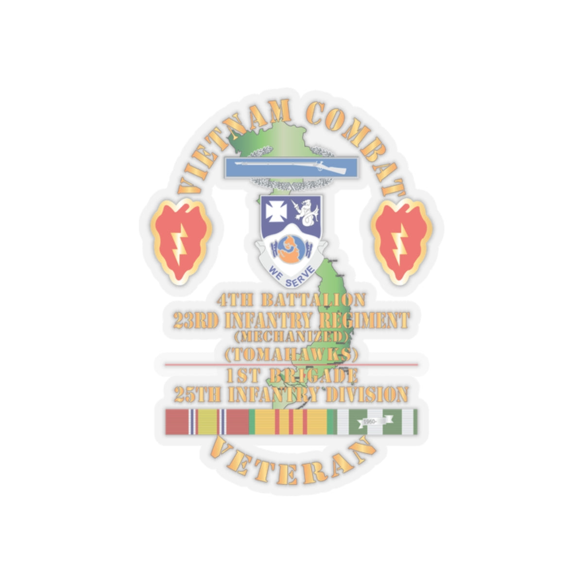 Kiss-Cut Stickers - Army - Vietnam Combat Infantry Veteran w 4th Bn 23rd Infantry (Mech) - Tomahawks) - 25th ID SSI X 300