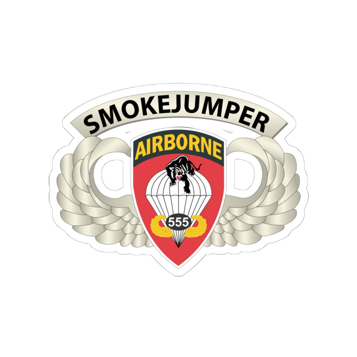 Kiss-Cut Stickers - Army - Airborne Badge - 555th Parachute Infantry Bn - SSI w SmokeJumper Tab