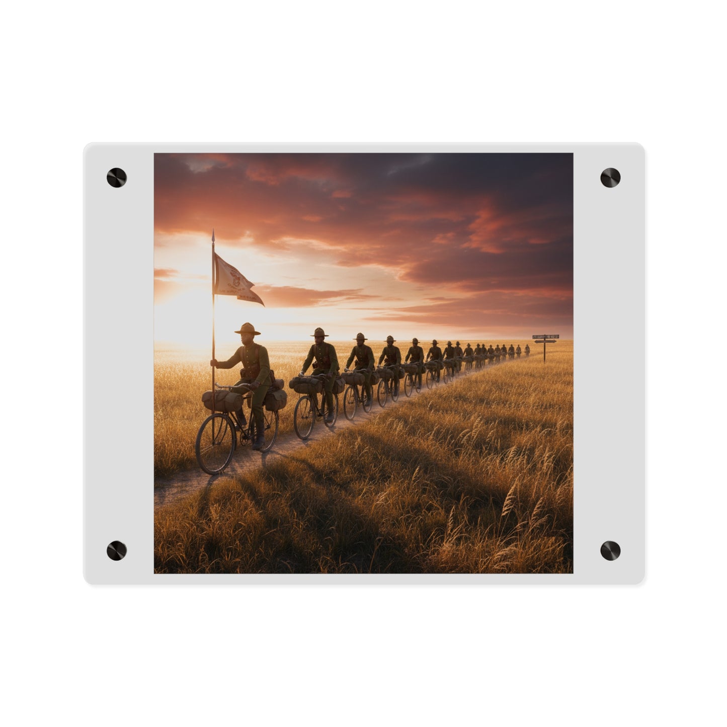 Acrylic Wall Art Panel - E Company 25th Infantry Buffalo Soldiers Bicycle Corps with Guidon on the Prairie at Sunset