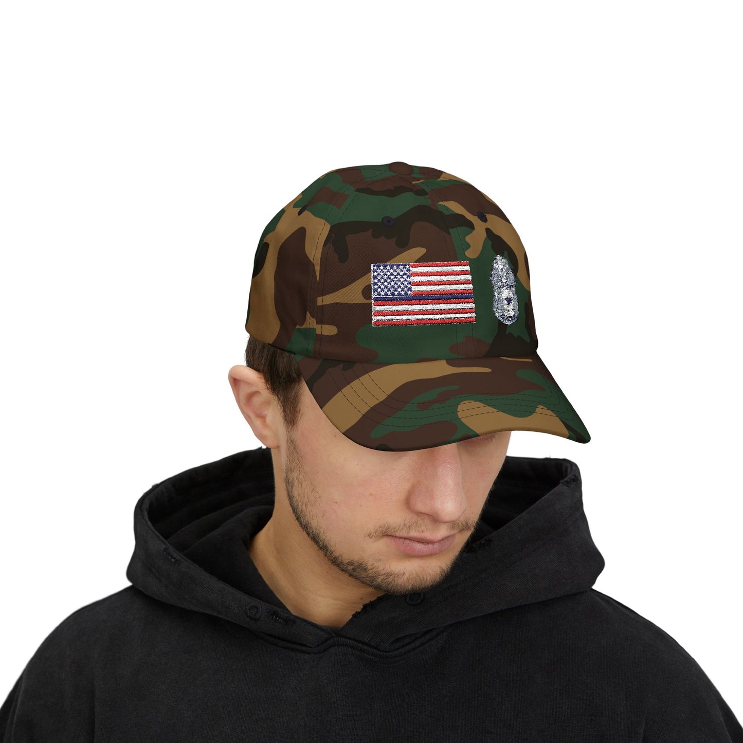 Hat - Classic Dad Cap American Flag with Police Blue Stripe and Badge