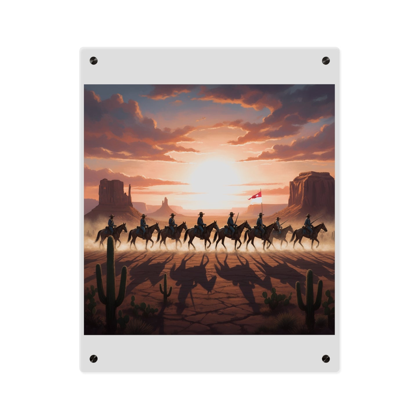 Acrylic Wall Art Panel - 10th Cavalry on Patrol in the sunset w 10th Cav Guidon