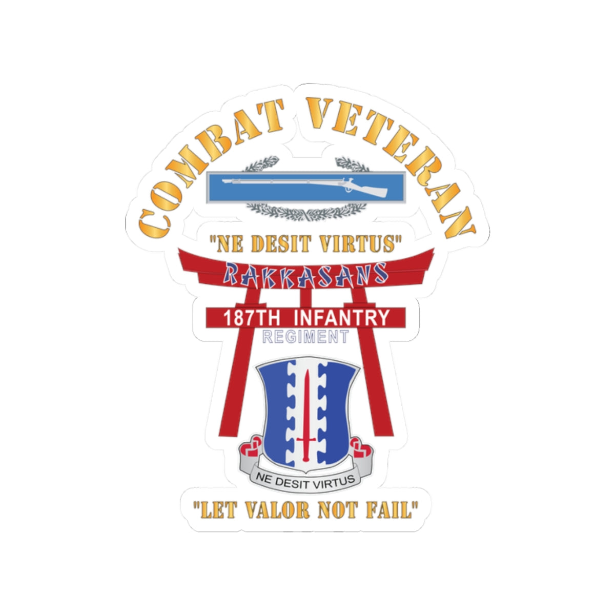 Kiss-Cut Stickers - Army - Combat Veteran - 187th Infantry Regiment - Torii, Rakkasans, Let Valor Not Fail, English, Latin w CIB X 300