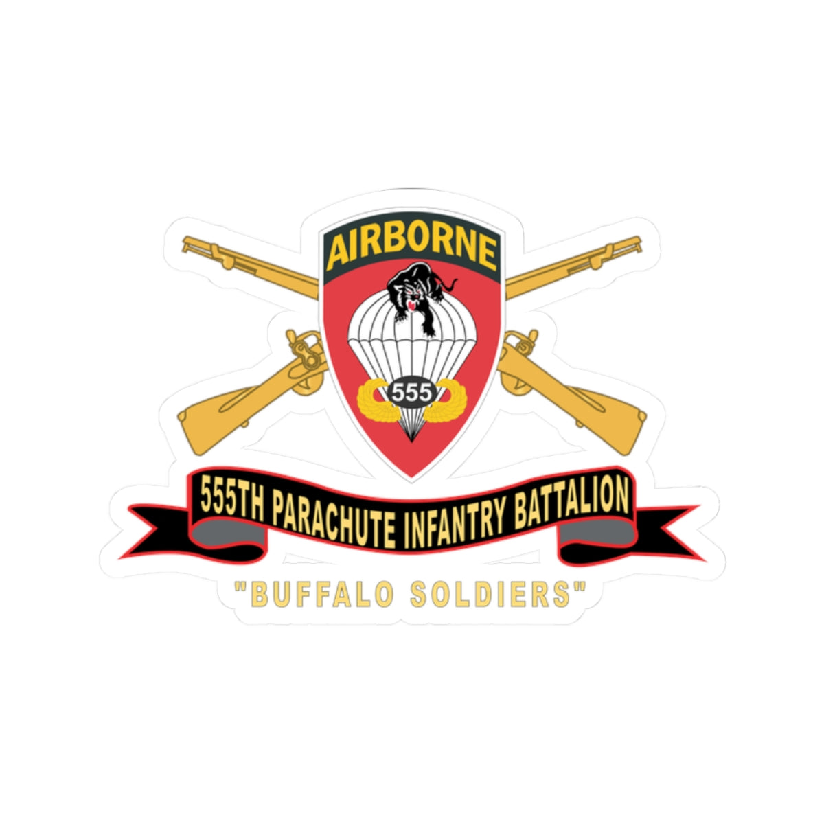 Kiss-Cut Stickers - Army - 555th Parachute Infantry Battalion - SSI - Black - Red Buffalo Soldiers w Br - Rib