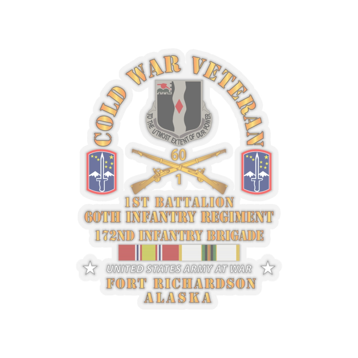 Kiss-Cut Stickers - Army - Cold War Vet - 1st Bn, 60th Inf - 172nd In Bde - Ft Richardson AK w COLD SVC X 300