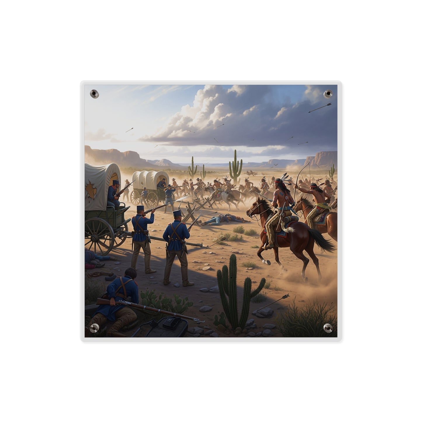 Acrylic Wall Art Panel - Apache Indians attacking a US Army defending a wagon train