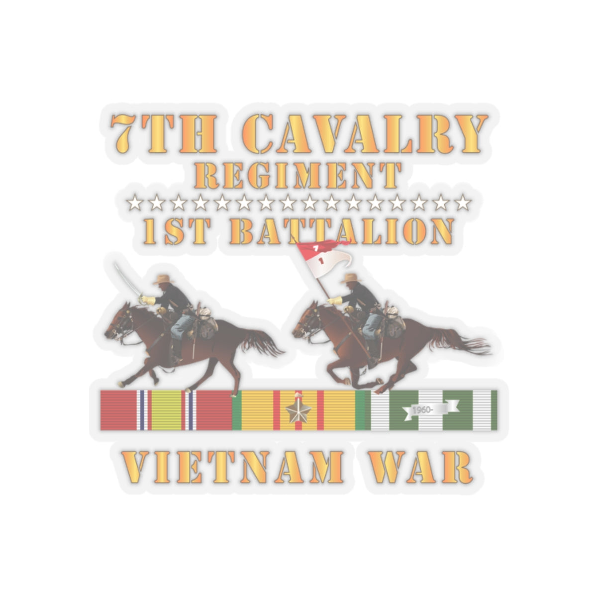 Kiss-Cut Stickers - Army - 1st Battalion,  7th Cavalry Regiment - Vietnam War wt 2 Cav Riders and VN SVC X300