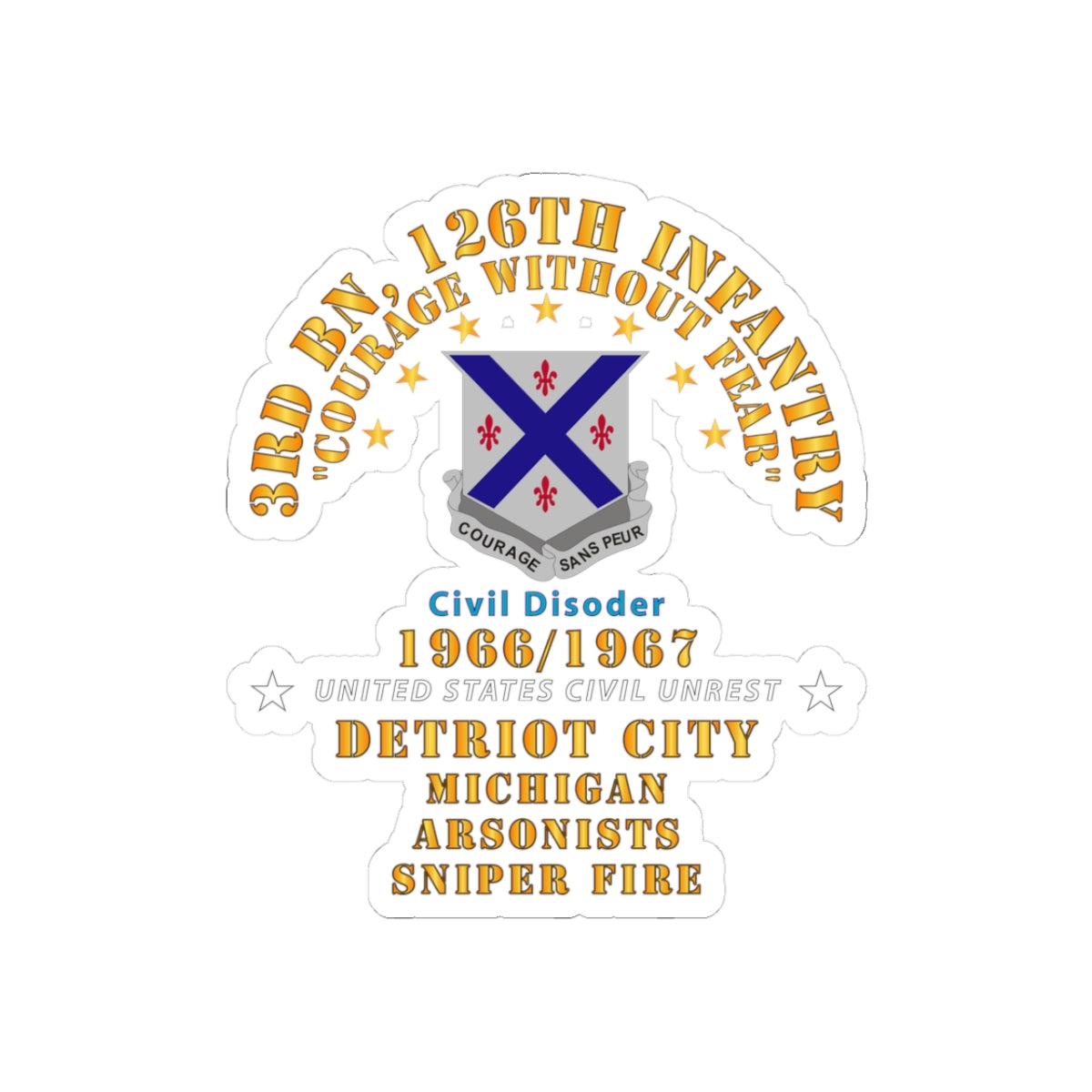 Kiss-Cut Stickers - Army - 3rd Bn 126th Infantry Detroit City MI - Arson - Sniper 1966 - 1967 - Civil Disorder