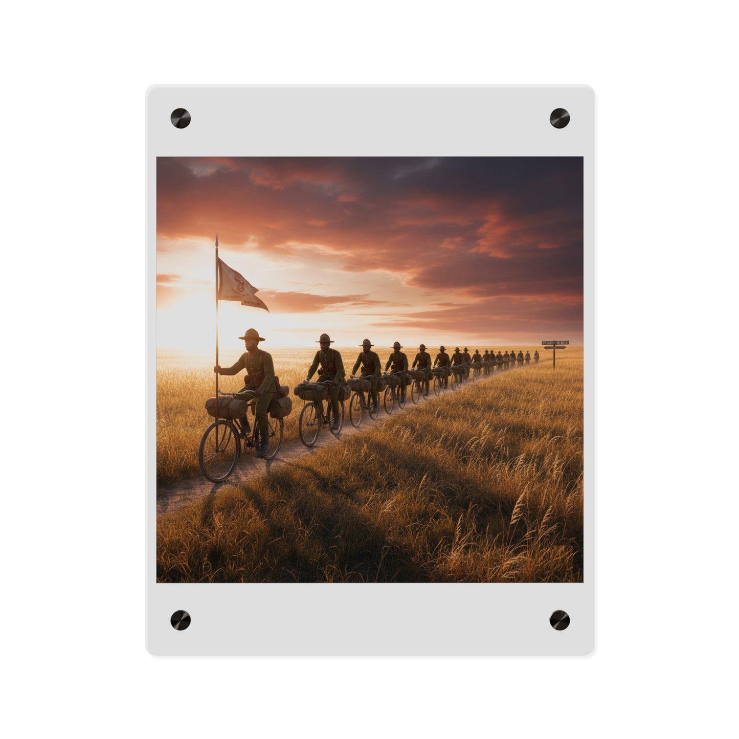 Acrylic Wall Art Panel - E Company 25th Infantry Buffalo Soldiers Bicycle Corps with Guidon on the Prairie at Sunset
