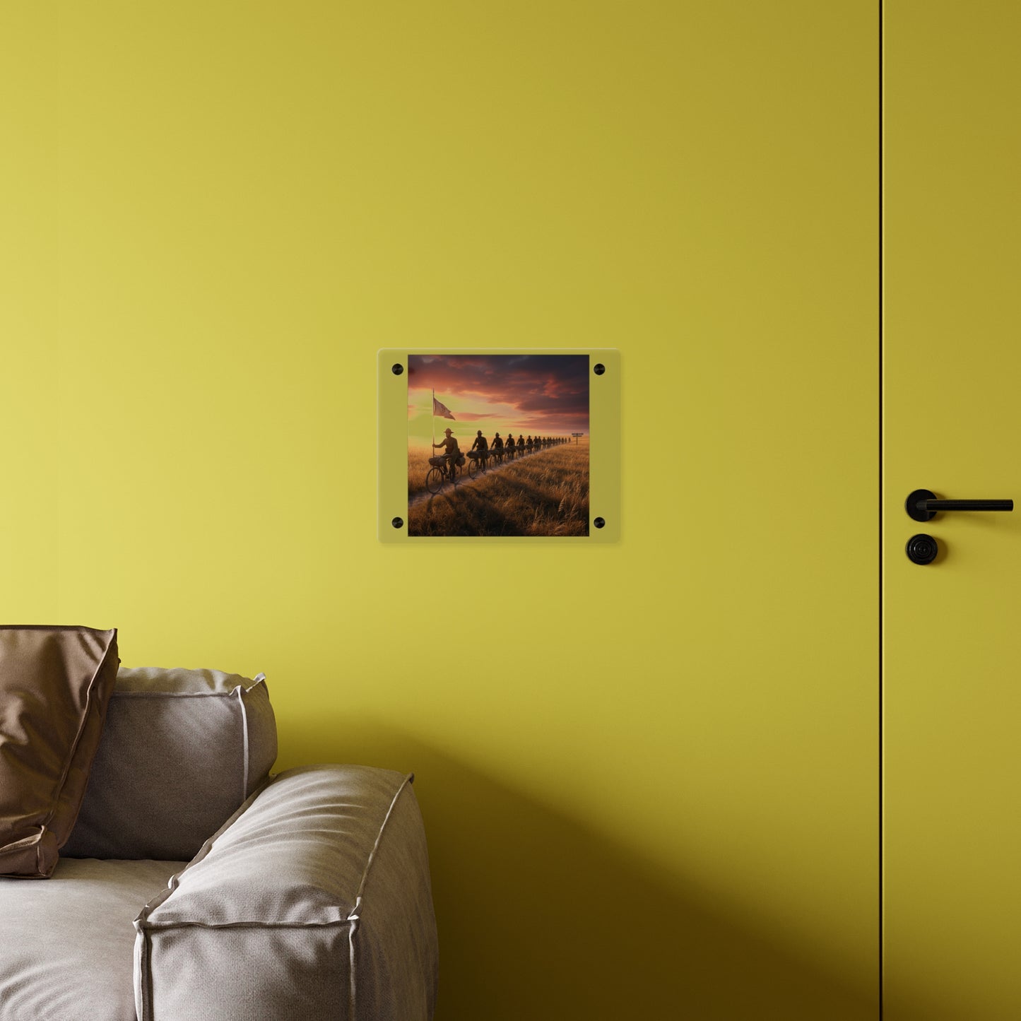 Acrylic Wall Art Panel - E Company 25th Infantry Buffalo Soldiers Bicycle Corps with Guidon on the Prairie at Sunset
